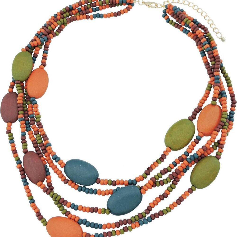 Multi Color Wooden Beads Necklace 20+3 Inch Statement Chain for Women